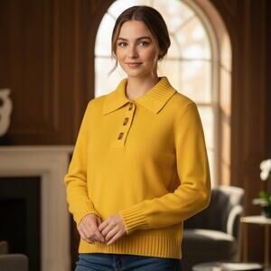 VTG Lauren Ralph Lauren Collard Knit Sweater Gold Turn Lock Hardware Sz M Preppy